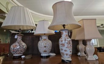Three assorted Asian style ceramic table lamps and shades, together with a pair of Cafe Au Lait