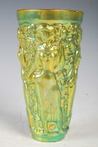 Zsolnay Pecs, iridescent green glazed vase with moulded decoration of four female figures and