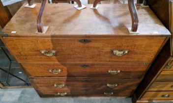 A 19th century teak and brass bound two-part secretaire campaign chest, the secretaire top with