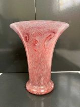 A Vasart vase, mottled pink and blue with a band of typical whorls, acid etched signature on base,