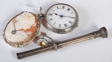 A group of items to include a Birmingham silver open faced pocket watch with black and white Roman