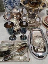 A collection of EP and other mixed metalware to include flatware, dishes, a Seba swan-form trinket