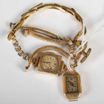 A vintage ladies 9ct gold cased wristwatch with square case, circular dial and yellow metal bracelet