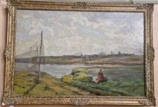 Late 19th/ early 20th century Scottish School 'East Neuk' oil on canvas 59.5cm x 90cm, framed 71cm x