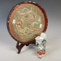 A circular Chinese silk rank badge mounted as a serving tray, 29.5cm diameter, together with a