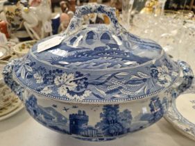 A late 19th century Spode blue and white transfer printed twin-handled tureen and cover, decorated