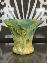 A Monart glass vase, shape GC, mottled blue, green, yellow and white, with band of typical whorls,