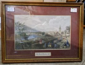 A group of four pictures and prints comprising I. Cafieri signed oil on canvas of a winter river