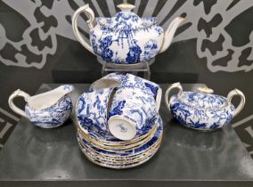 A Royal Crown Derby blue and white Chinoiserie pattern transfer printed part tea set.