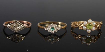 Two 9ct gold and gem set dress rings, gross weight 2.9 grams, together with another yellow and white