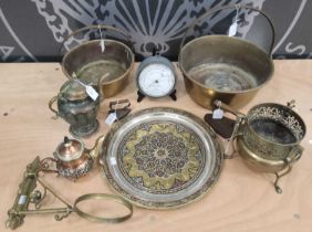 A group of mixed copper and brass to include two jelly pans, brass jardiniere with pierced rim and