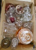 A box of assorted glassware to include jugs, jar and cover, glasses, etc.