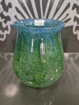A Monart glass vase, shape RA, mottled clear, green and blue, decorated with striped detail, bearing