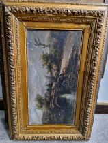 A collection of decorative pictures and print to include a gilt framed oil of cattle crossing a