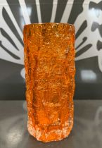 A mid-century Whitefriars tangerine bark vase of cylindrical form, designed by Geoffrey Baxter, 19cm