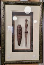 A framed montage of Tribal dagger and scabbard, 76.5cm x 51cm.