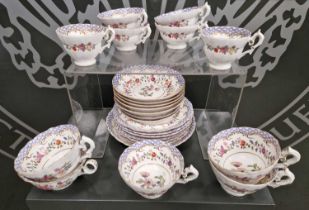 A Victorian hand-painted part tea set with chequered and gilded borders with floral details, painted