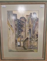 H. Lauder Edinburgh Old Town watercolour, signed lower left 32cm x 23.5cm, framed and glazed 46cm