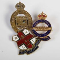 Three assorted badges to include a 1915 'On War Service' lapel badge, a RNLI Ladies Guild Lifeboat