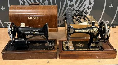 A Singer sewing machine, serial No. M229864 (lacking cover), together with an electric Singer sewing