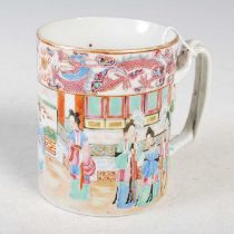 A Chinese porcelain famille rose canton tankard, Qing Dynasty, decorated with figures on a terrace