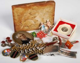 A box of various items to include decorative oval portrait of a 19th century gentleman, an octagonal