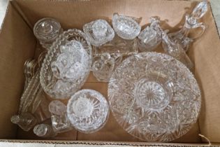 A box of assorted glassware to include bowls, jugs, condiment holders etc.