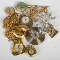 A collection of assorted white and yellow metal pendant watches, various makers and dates.