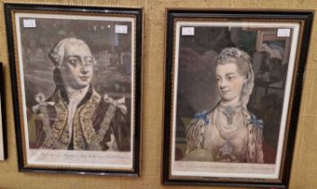 Two coloured prints, His Majesty George III King of Great Britain, and Her Most Excellent Majesty