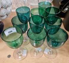 A set of ten late 19th / early 20th century green and clear coloured wine glasses.