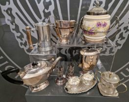 A collection of mixed EPNS wares to include a four-piece tea set with makers mark 'LR 113', a horn-