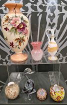 A collection of Art Glass to include an antique millefiori paperweight, a Victorian hand-painted