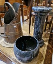 A 20th century copper fuel bin, together with a marble-effect ceramic jardiniere on column, 59cm