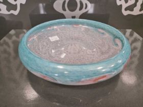 A Vasart glass dish, probably shape Y, mottled pink and blue with a band of typical whorls, acid