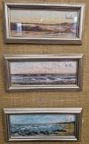 Alison H. Stewart Three Coastal Landscapes acrylic, signed lower right 8.5cm x 23.5cm, framed and