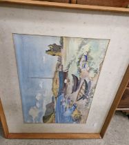 A group of four paintings by various hands comprising a watercolour of boats on riverbank signed