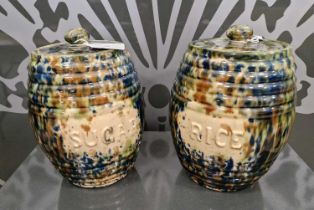 Two Scottish pottery green, blue and brown glazed storage barrels and covers, one 'rice', the