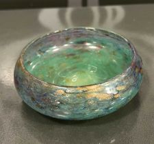 A Monart glass pin dish, shape Y, mottled green, purple and blue with gold-coloured inclusions