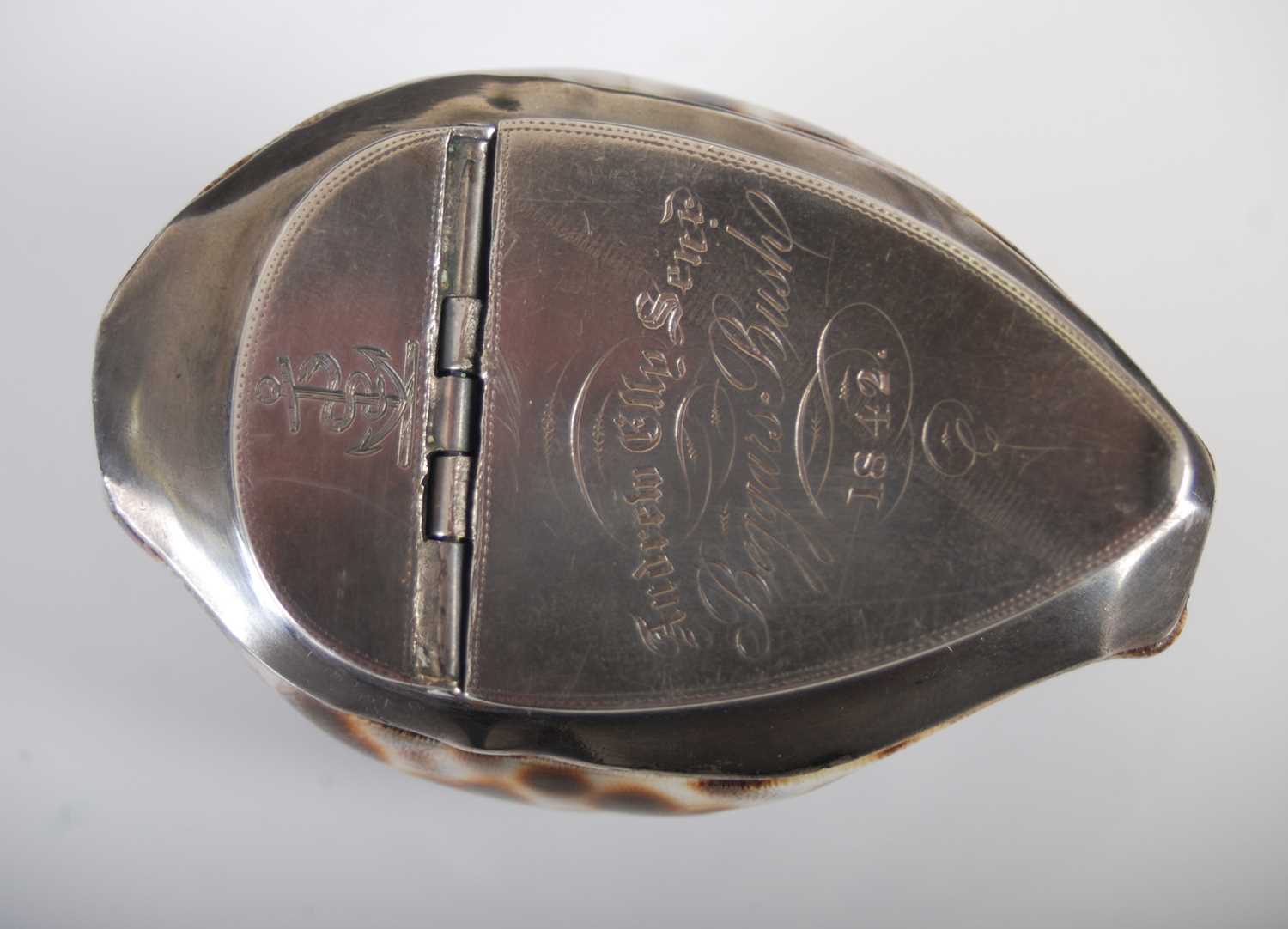 A Scottish silver-mounted cowrie shell snuff box, the three-quarter hinged cover engraved with - Image 2 of 4