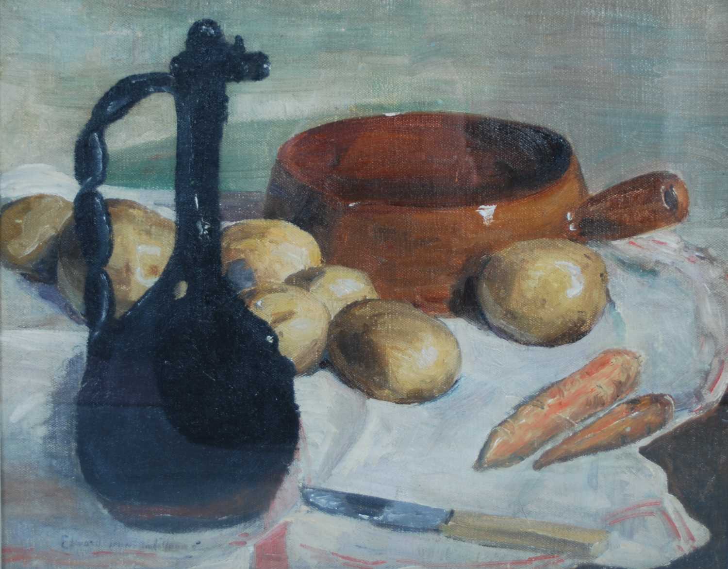 Early 20th century British School Still life with potatoes and carrots oil on canvas, indistinctly