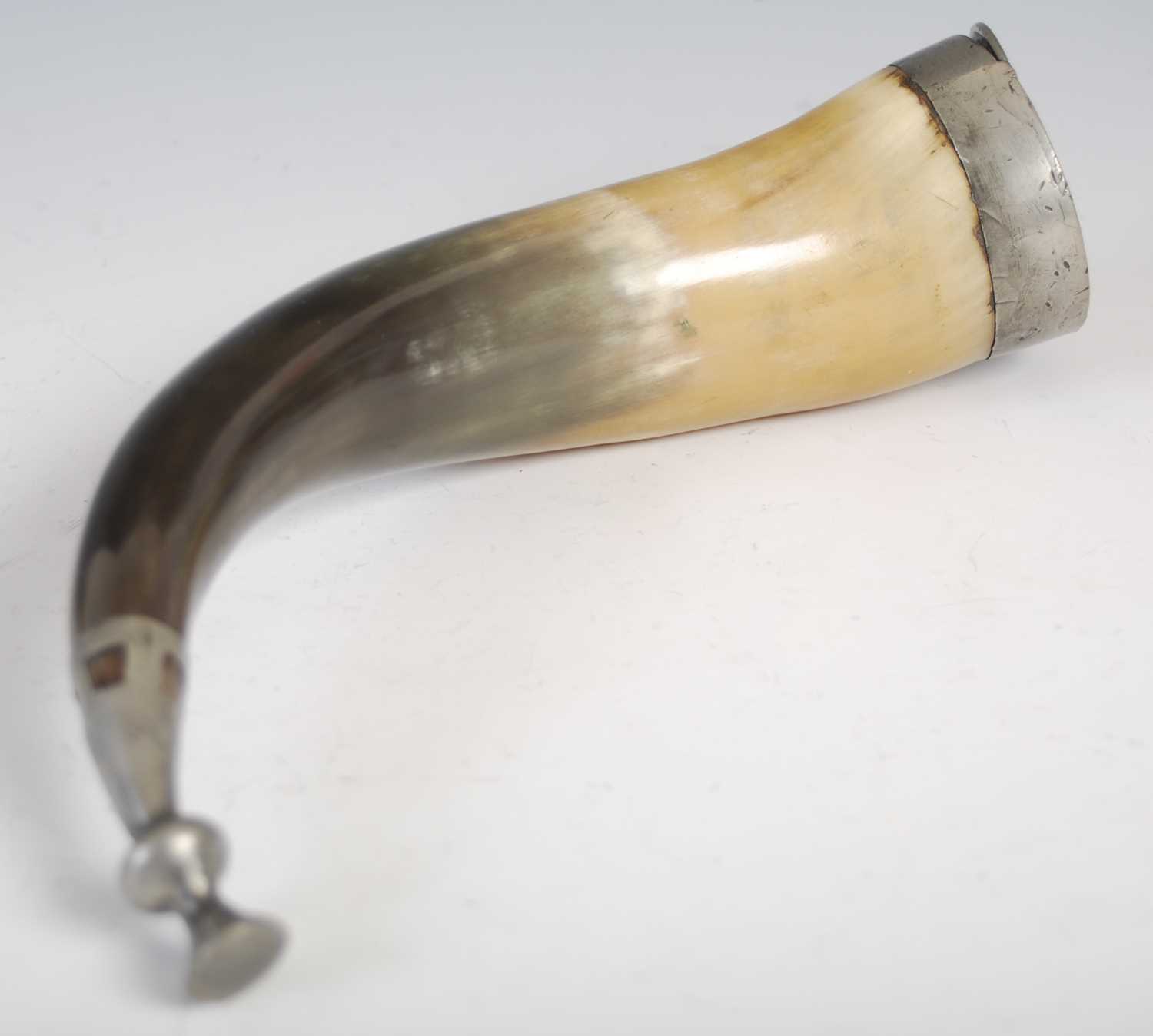 A large curved horn table snuff mull with pewter mounts and thistle terminal pierced with squares, - Image 2 of 4