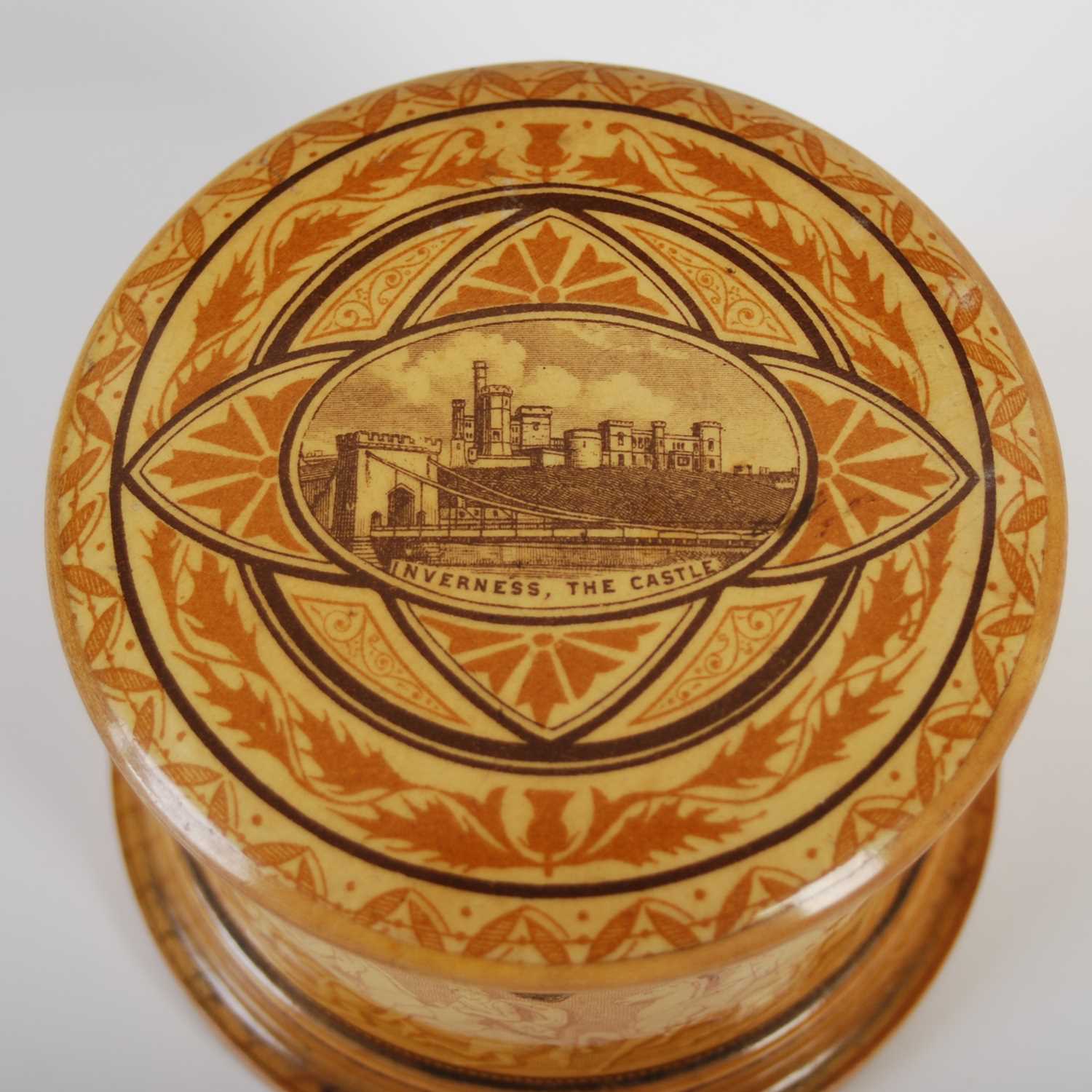 A Mauchline ware circular string box, the detachable cover depicting Inverness Castle within borders - Image 4 of 5