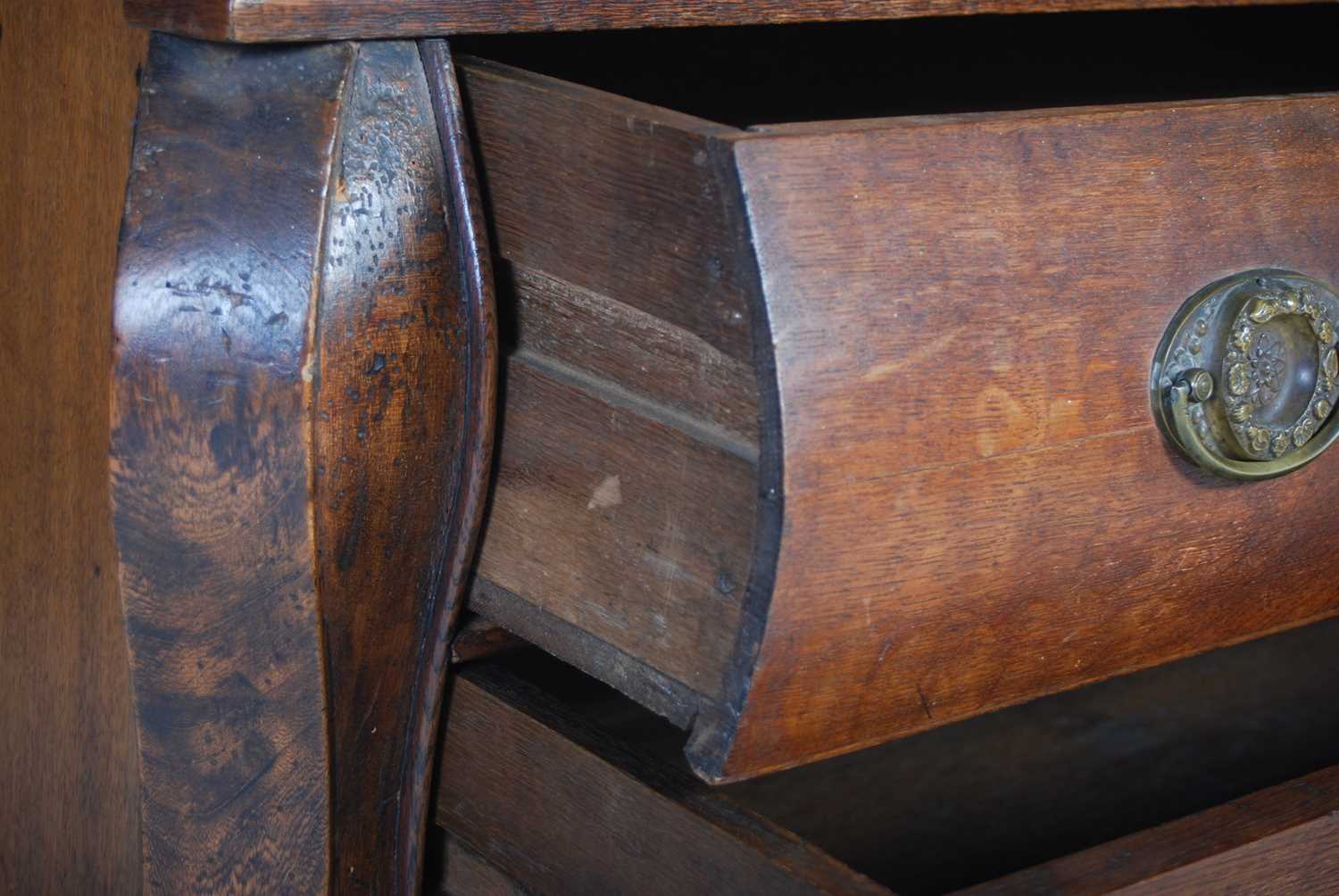 A late 18th century Dutch oak bombe bureau, the serpentine fall-front opening to a fitted interior - Image 7 of 11