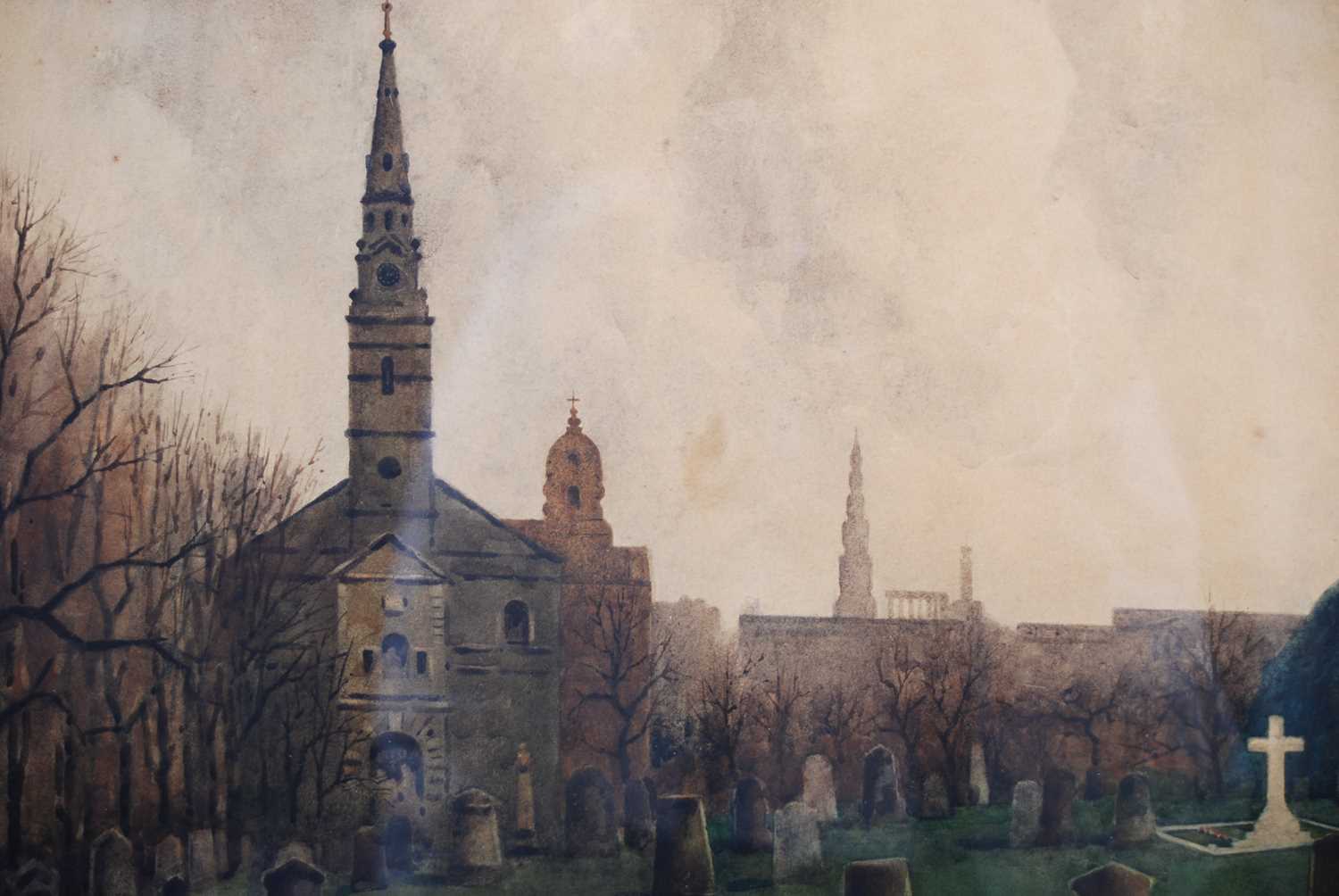 Hans Jacob Hansen RSW (1853-1947) Greyfriars Kirkyard and Edinburgh Castle watercolour, signed lower - Image 4 of 5