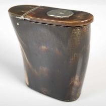 A Scottish flattened horn upright snuff mull with curved sides, the three-quarter hinged cover