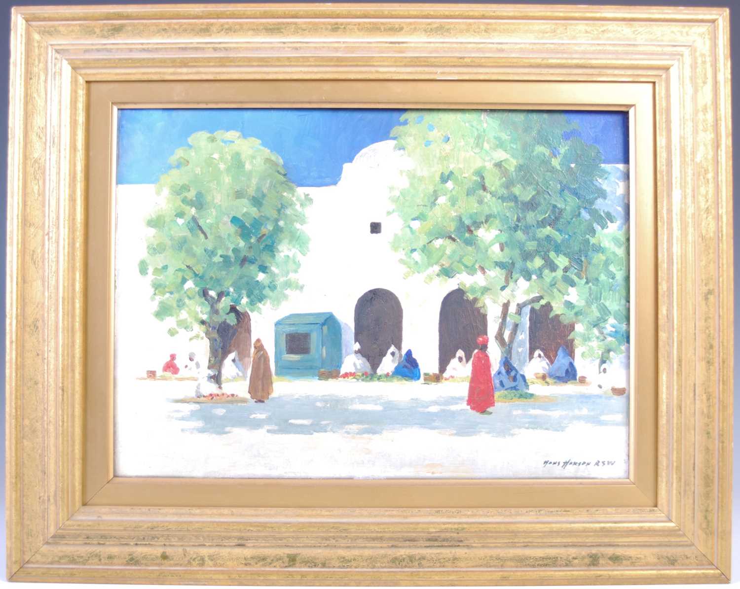 Hans Jacob Hansen RSW (1853-1947) North African street scene with figures taking shade oil on panel, - Image 2 of 5