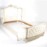 A mid-20th century French style green and white painted double bed frame, the headboard with central