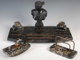 A late 19th / early 20th century French marble and bronze mounted three-piece desk stand, comprising