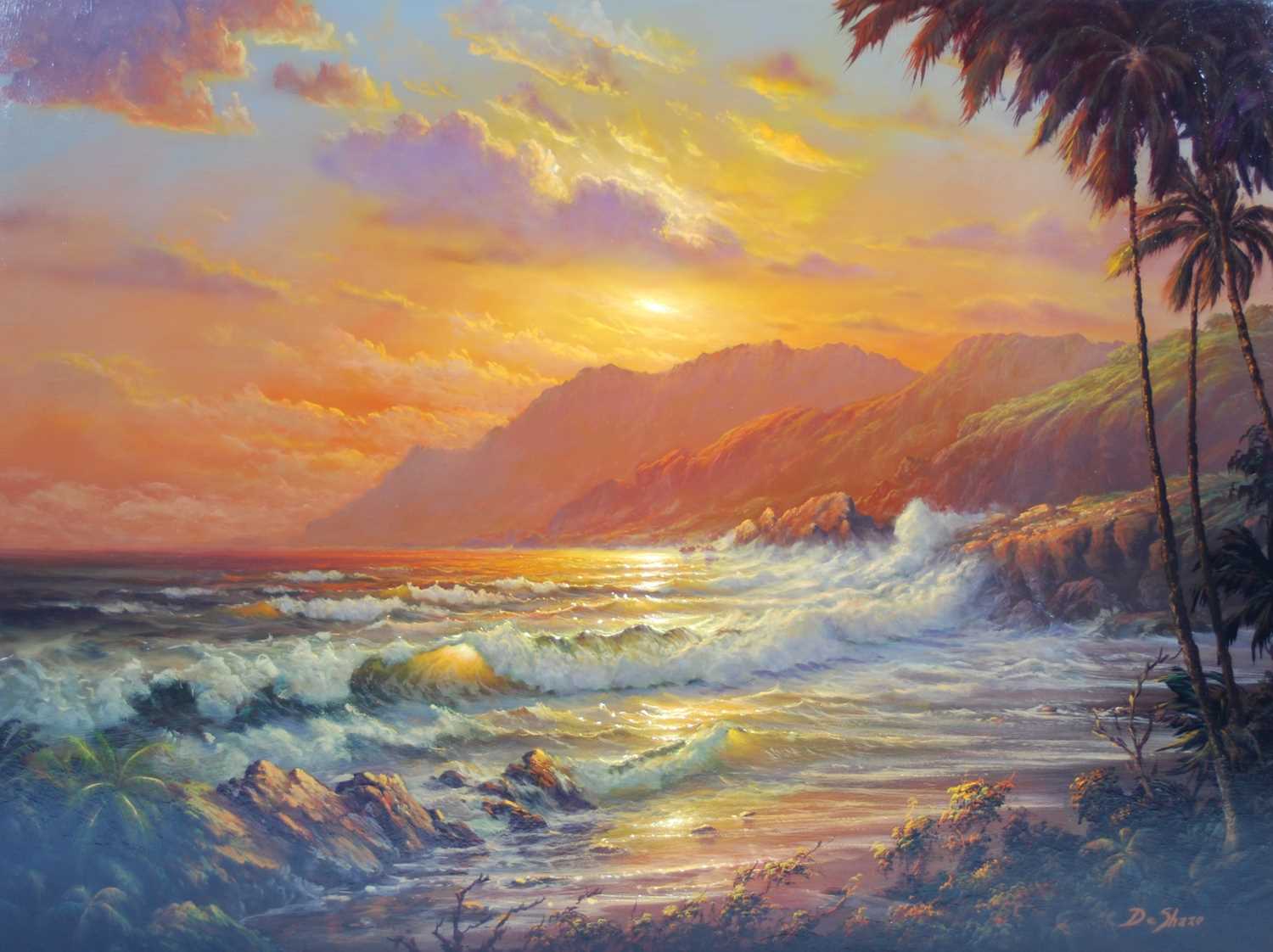 William Deshazo (American, 20th century) Sunset with breaking waves oil on board, signed lower right