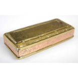 A Fine Dutch brass and copper oblong tobacco box, the hinged cover and base with sliding panels